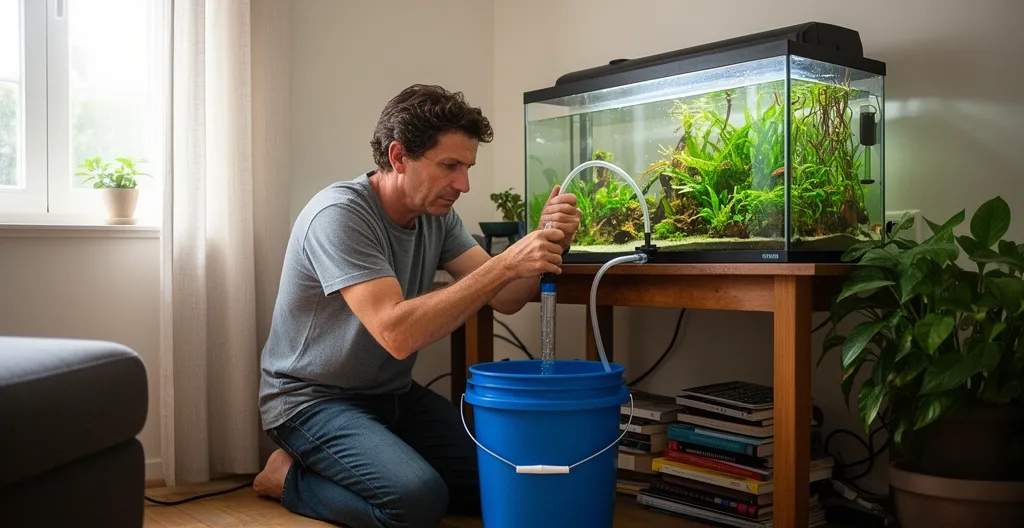 Acclimatation goutte-à-goutte de crevettes avec tuyau et seau près d'un aquarium