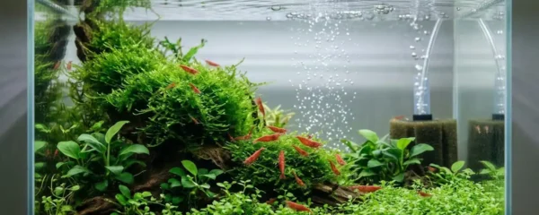 Crevettes Red Cherry broutant sur mousse dans nano-aquarium planté