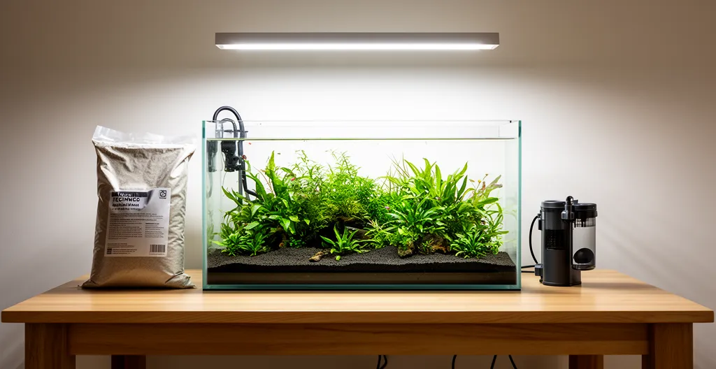Équipement essentiel aquarium planté : rampe LED, substrat, filtre