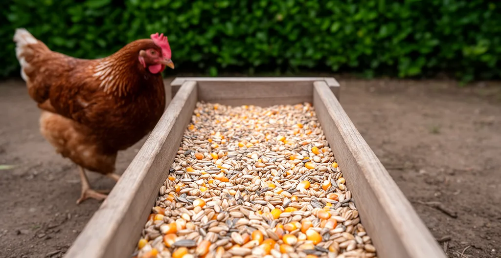 Mangeoire en bois remplie de mélange céréalier pour alimentation poules
