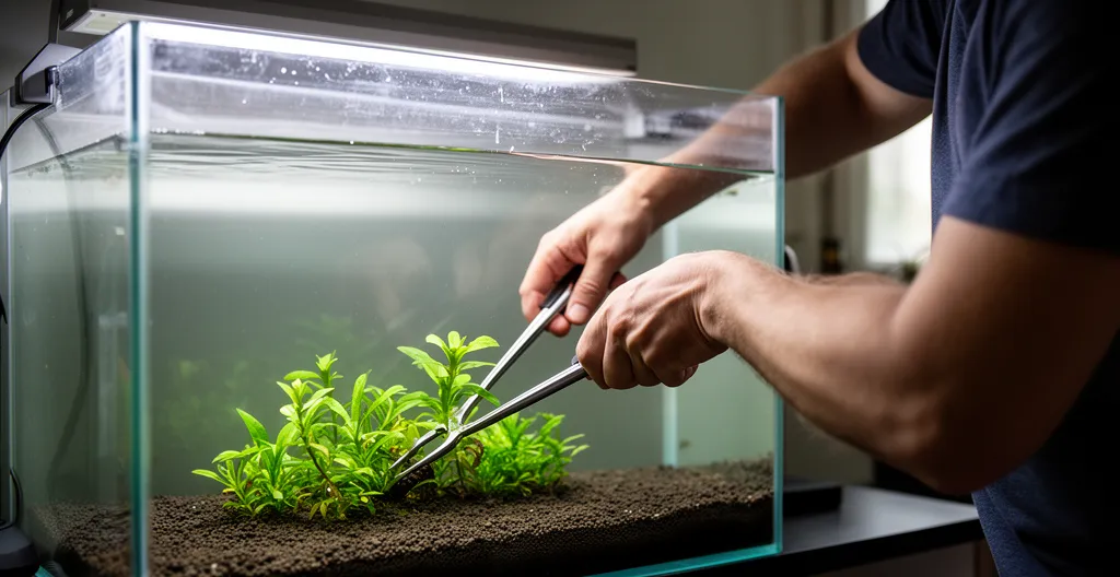 Plantation de plantes aquatiques avec pince dans substrat technique