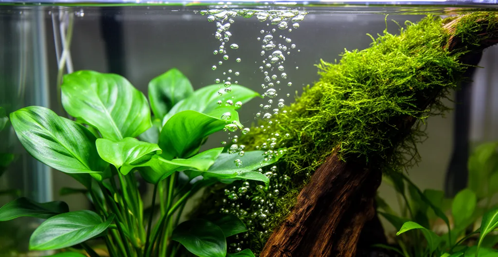 Plantes aquatiques robustes : Anubias et Cryptocoryne dans un aquarium