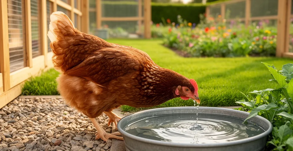 Poule pondeuse buvant à un abreuvoir dans un poulailler bien entretenu