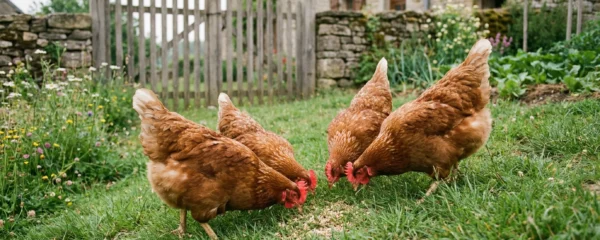 Poules pondeuses picorant des graines dans un jardin français, alimentation quotidienne