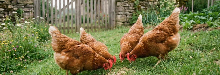 Poules pondeuses picorant des graines dans un jardin français, alimentation quotidienne