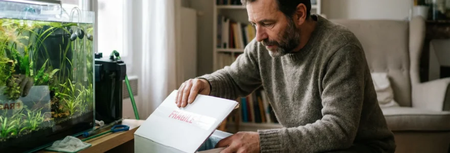 Aquariophile vérifiant un colis isotherme à réception avec aquarium en arrière-plan