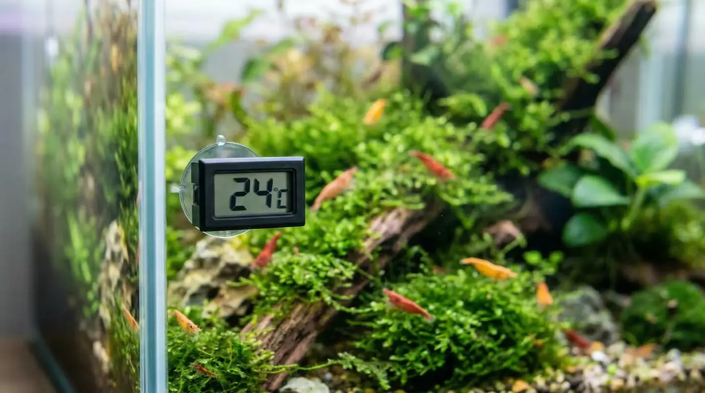 Thermomètre digital affichant température sur vitre aquarium avec crevettes en fond