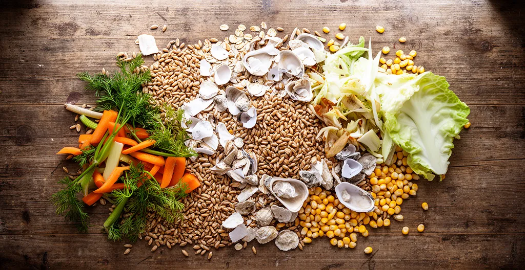 Variété d'aliments pour poules disposés sur surface en bois, ratio céréales protéines