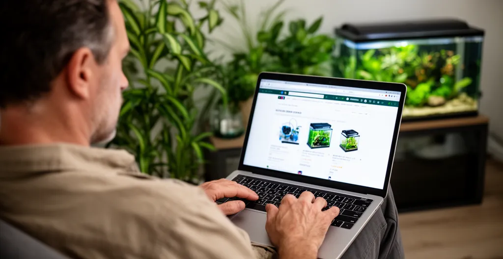 Aquariophile consultant une fiche produit détaillée sur ordinateur avec aquarium en arrière-plan