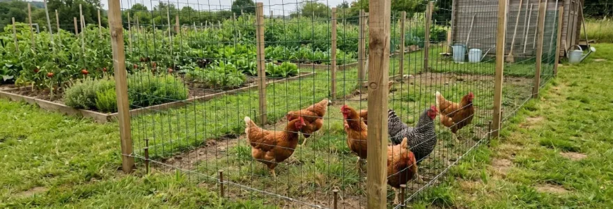 Enclos à poules sécurisé par un filet vert tendu sur piquets métalliques dans un jardin contemporain français