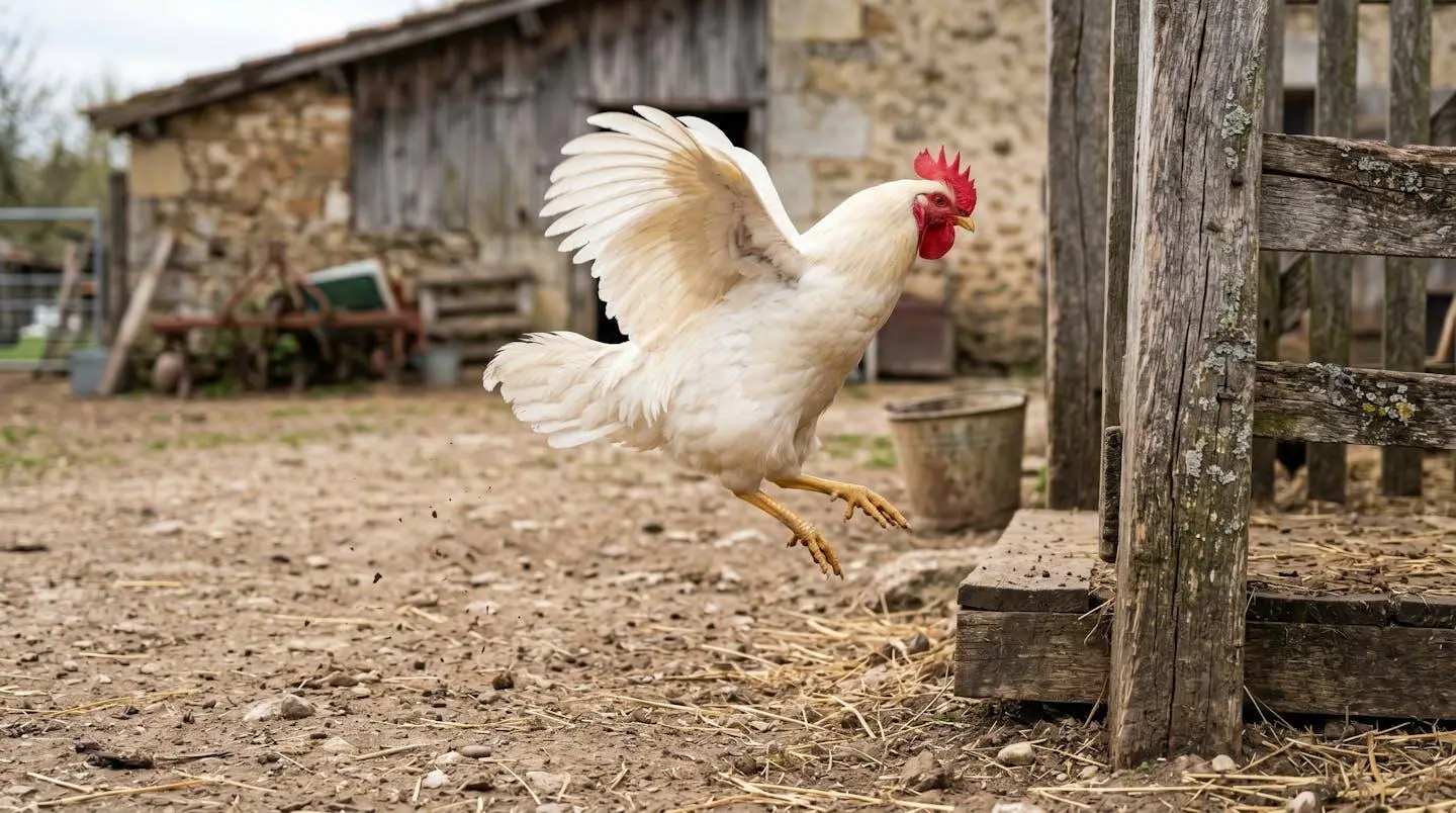 Poule de race légère sautant en hauteur près d'un poteau de clôture dans une basse-cour française