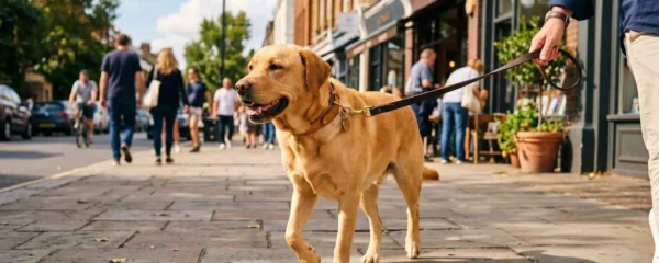 Labrador adulte portant un collier en cuir souple correctement ajusté lors d'une promenade en ville