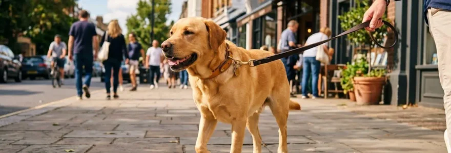 Labrador adulte portant un collier en cuir souple correctement ajusté lors d'une promenade en ville