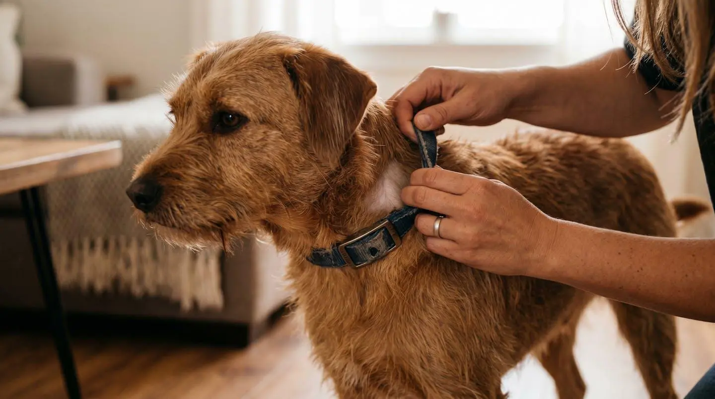 Propriétaire inspectant délicatement le cou d'un chien sous son collier pour détecter des signes d'irritation cutanée