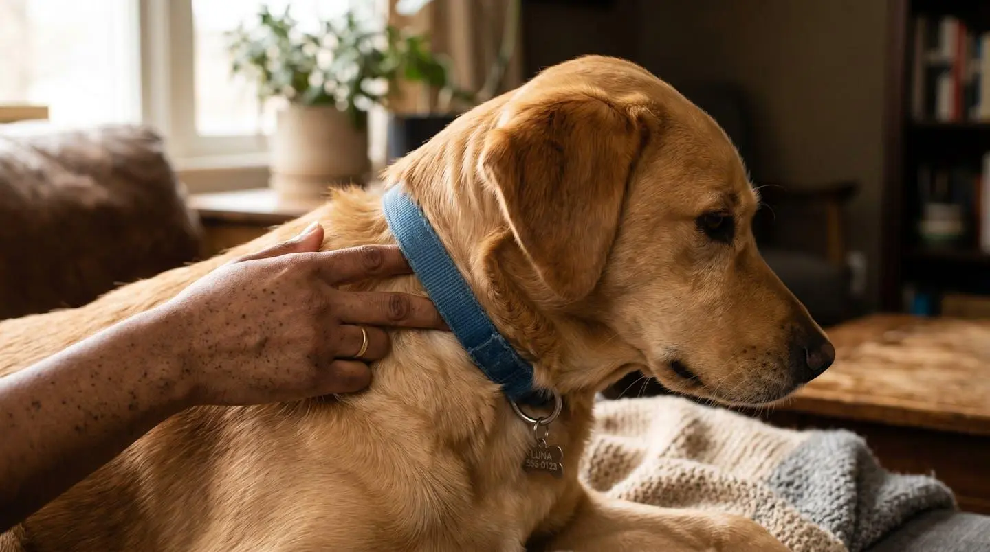 Main d'une personne glissant deux doigts sous un collier posé autour du cou d'un chien de taille moyenne